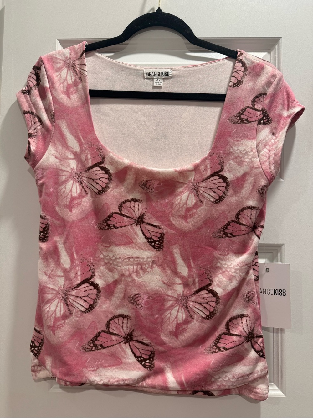 Y2K Orange Kiss Pink Butterfly Scoop Neck Tee